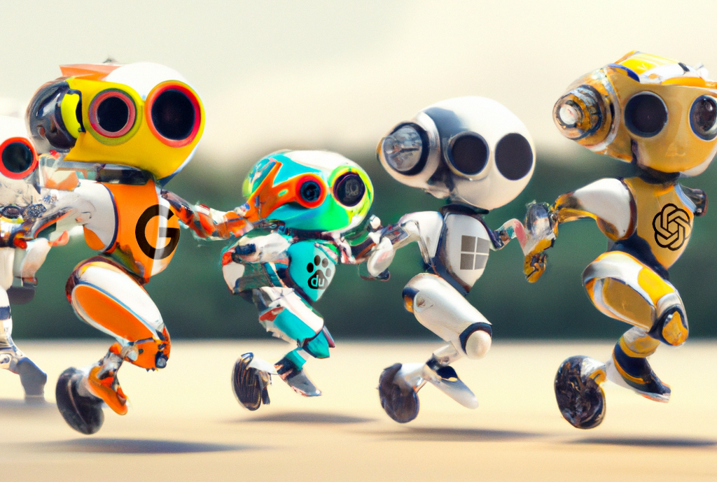 Erstellt mit DALL-E mit dem Prompt: 3D render of 4 different looking robots running a race, digital art